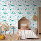 Papel De Parede Adesivo Dinossauros Azul Com Fundo Branco 3mx