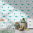 Papel De Parede Adesivo Dinossauros Azul Com Fundo Branco 3mx