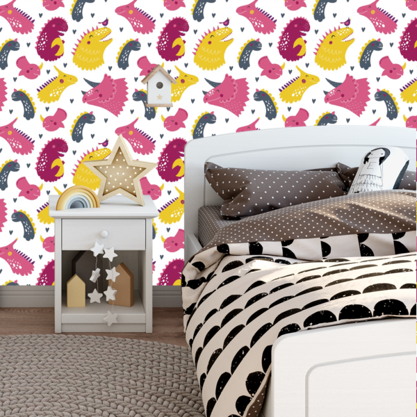 Papel De Parede Adesivo Dinossauros Rosa Amarelo E Cinza 15m