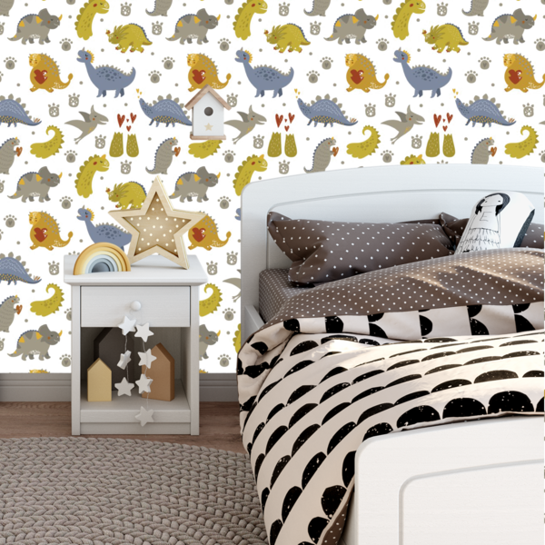 Papel De Parede Adesivo Dinossauros Verde Cinza Bebê 12m