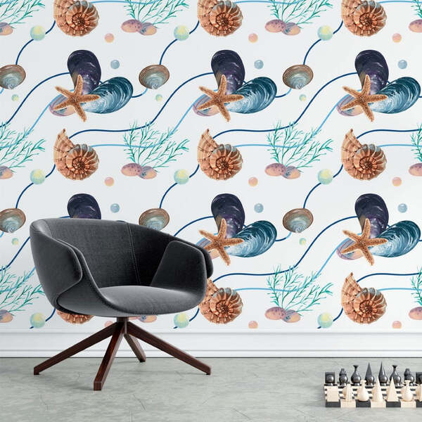 Papel De Parede Adesivo Estrelas Mar Conchas N015114 0,58x3m