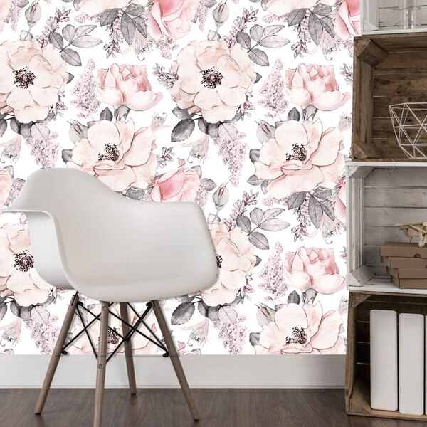 Papel De Parede Adesivo Floral Em Tons De Rosa E Cinza