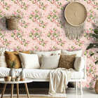 Papel De Parede Adesivo Floral Folhas Verdes E Flores Rosa 2,