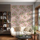 Papel De Parede Adesivo Floral Folhas Verdes E Flores Rosa 9m