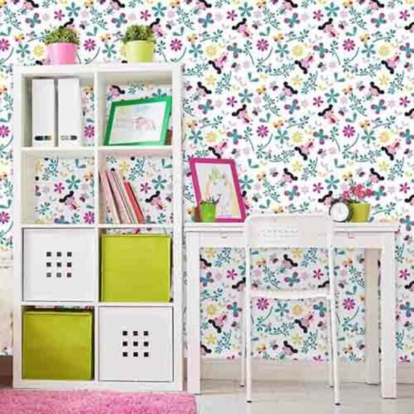 Papel De Parede Adesivo Floral Verde E Rosa 1434