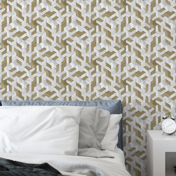 Papel De Parede Adesivo Geométrico 3d Branco Gold Lavável 3m