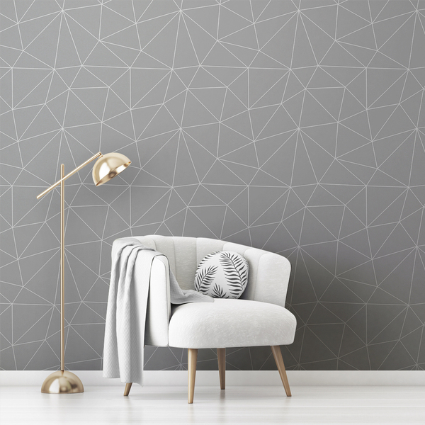 Papel De Parede Adesivo Geométrico Cinza Fio Branco 12m