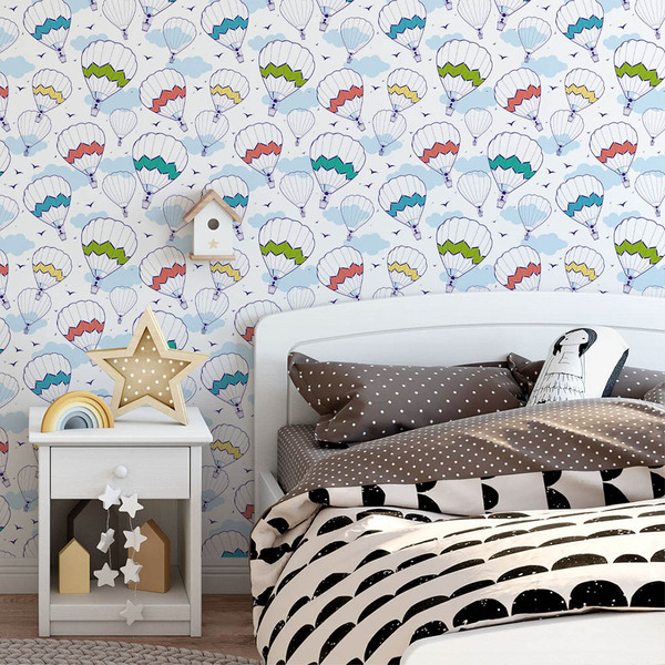 Papel De Parede Adesivo Infantil Balões  Nunvens E Passáros F