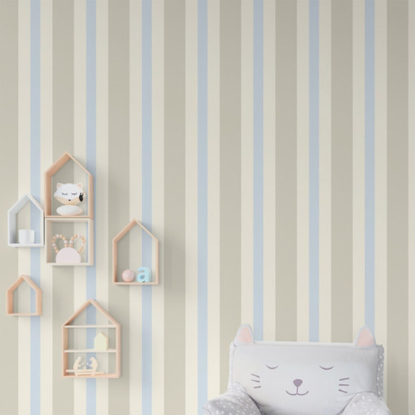 Papel De Parede Adesivo Infantil Bebê Listra Azul Bege Sala