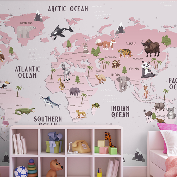 Papel De Parede Adesivo Infantil Lindo Mapa Mundi Rosa Quart