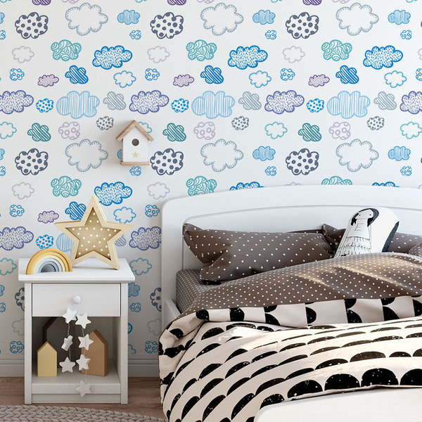 Papel De Parede Adesivo Infantil Nuvens Coloridas  Desenho Fo
