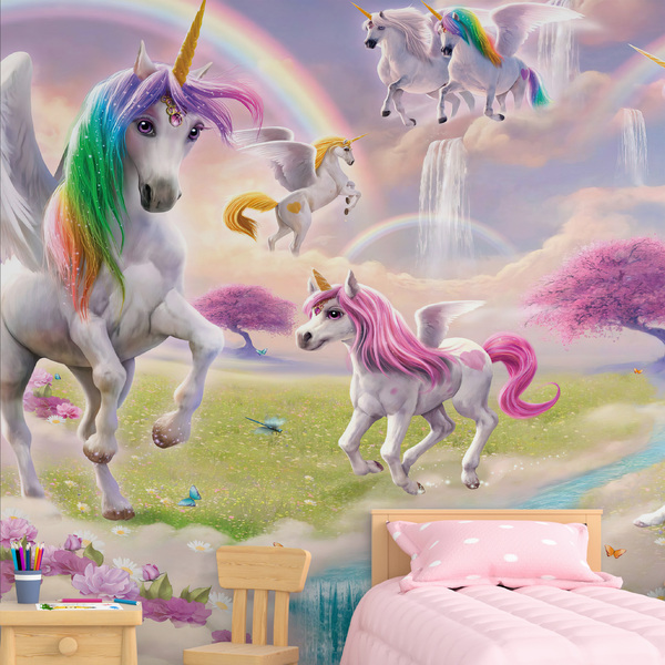 Papel De Parede Adesivo Infantil Paisagem Linda De Unicórnio