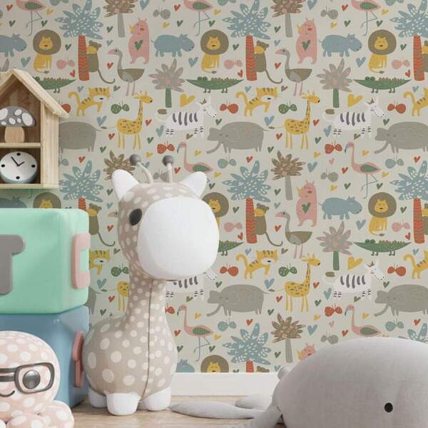 Papel De Parede Adesivo Infantil Safári Animais Coloridos -60