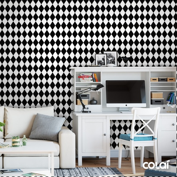 Papel De Parede Adesivo Lavável Losango Preto E Branco 6m