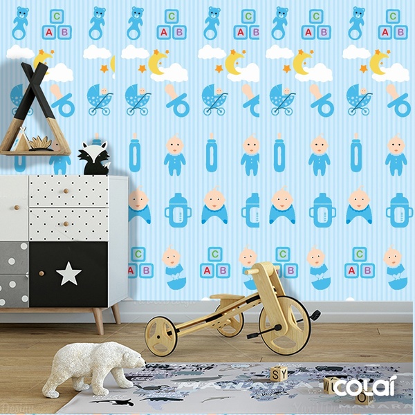 Papel De Parede Adesivo Lavável Mamadeira Azul 12m