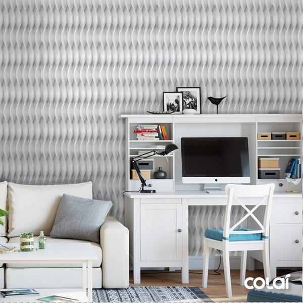 Papel De Parede Adesivo Lavável Ondas Cinzas Vertical 15m