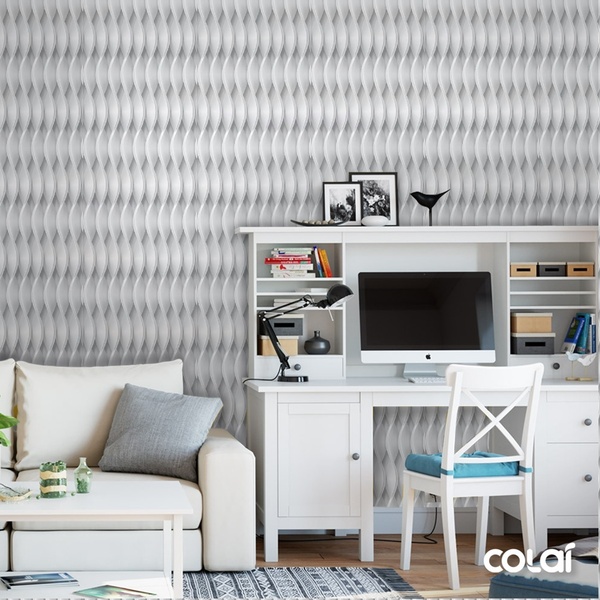 Papel De Parede Adesivo Lavável Ondas Cinzas Vertical 9m