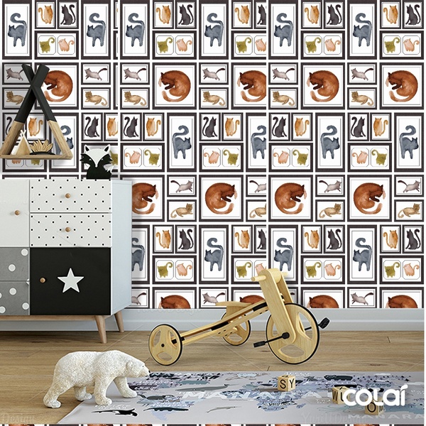Papel De Parede Adesivo Lavável Quadros De Gatos 18m