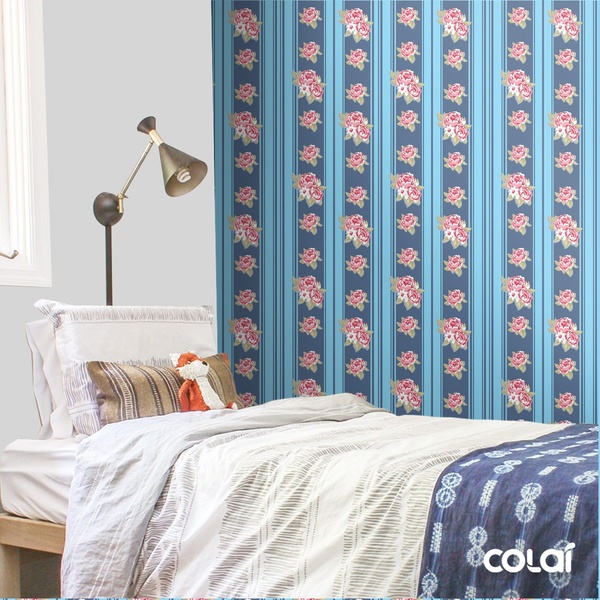 Papel De Parede Adesivo Lavável Rosas Em Laços Azuis 3m