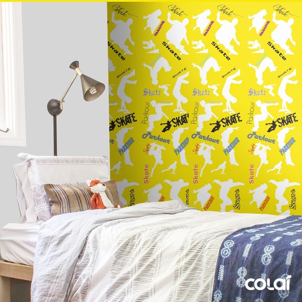 Papel De Parede Adesivo Lavável Skate Fundo Amarelo 18m