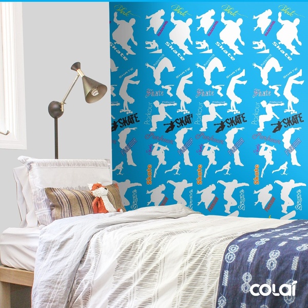 Papel De Parede Adesivo Lavável Skate Fundo Azul 3m