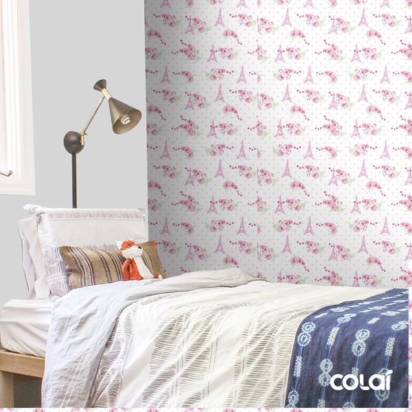 Papel De Parede Adesivo Lavável Torre Eiffel Rosa 12m