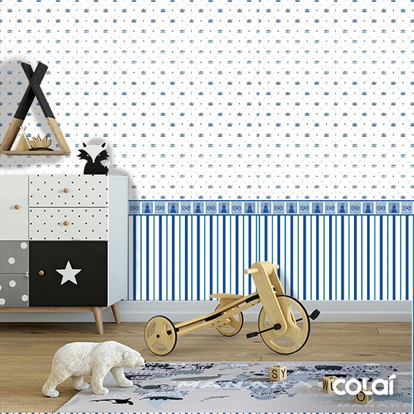 Papel De Parede Adesivo Lavável Ursinho Coroado Azul 6m