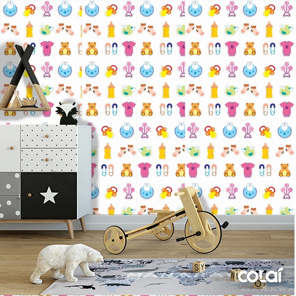 Papel De Parede Adesivo Lavável Utensílios De Bebê 9m
