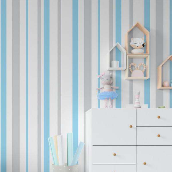 Papel De Parede Adesivo Listras Quarto Infantil Azul Claro