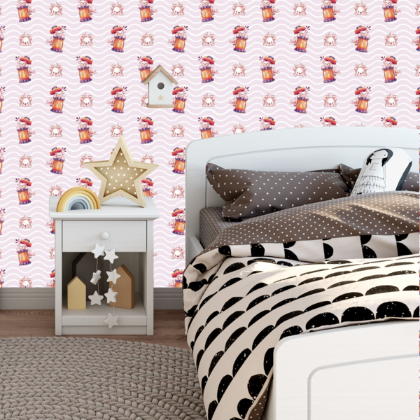 Papel De Parede Adesivo Ondas Rosa Com Ursinhos Bebê 18m