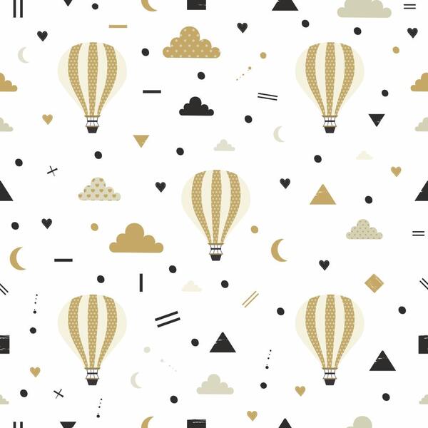 Papel De Parede Adesivo Quarto Bebê Nuvens Balões Dourados 1m