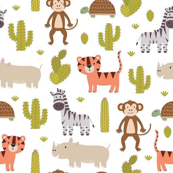 Papel De Parede Adesivo Quarto De Bebê Safari Fundo Branco 6m