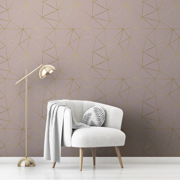 Papel De Parede Adesivo Quarto Rosa Chá Gold Lines 12m