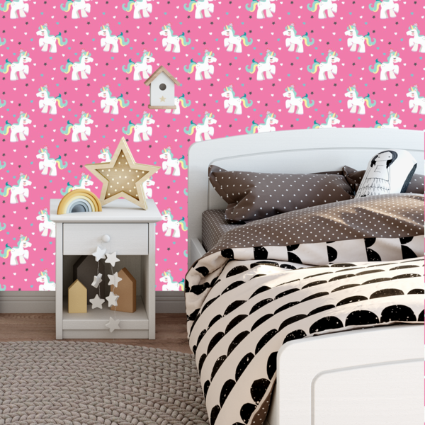 Papel De Parede Adesivo Unicórnio Estrela Coração Rosa 9m