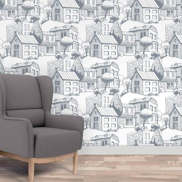 Papel De Parede Adesivo Vintage Retrô Casas 60x300cm 60x300cm