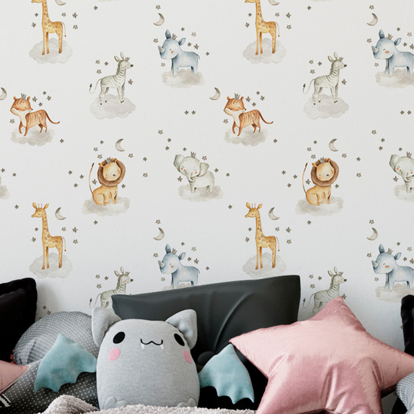 Papel De Parede Animais Infantil Aquarela Branca Safari Vinil