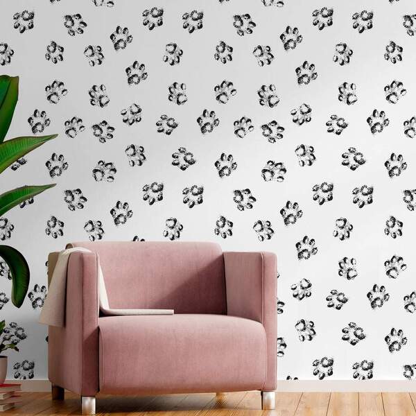 Papel De Parede Animal Print Patinhas Preto E Branco-60x300
