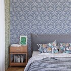 Papel De Parede Arabesco Azul Floral Bordado 1,5m