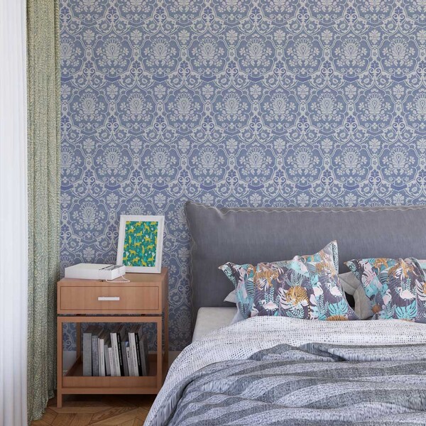 Papel De Parede Arabesco Azul Floral Bordado 1,5m