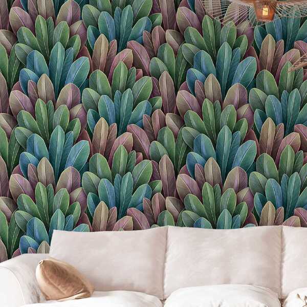 Papel De Parede Arte Folhas Tipo Pena Colorida Sala 3m