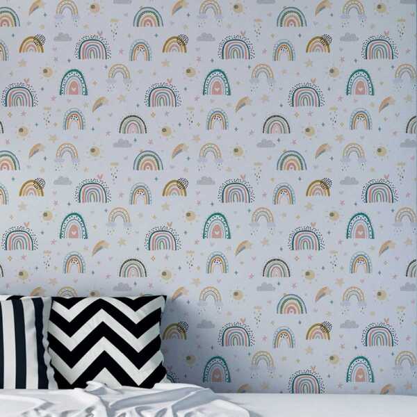 Papel De Parede Auto Adesivo Aquarela Arco Iris Colorido Infa