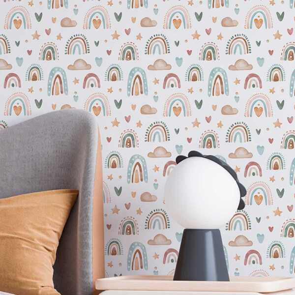 Papel De Parede Auto Colante Aquarela Infantil Arco-iris Colo