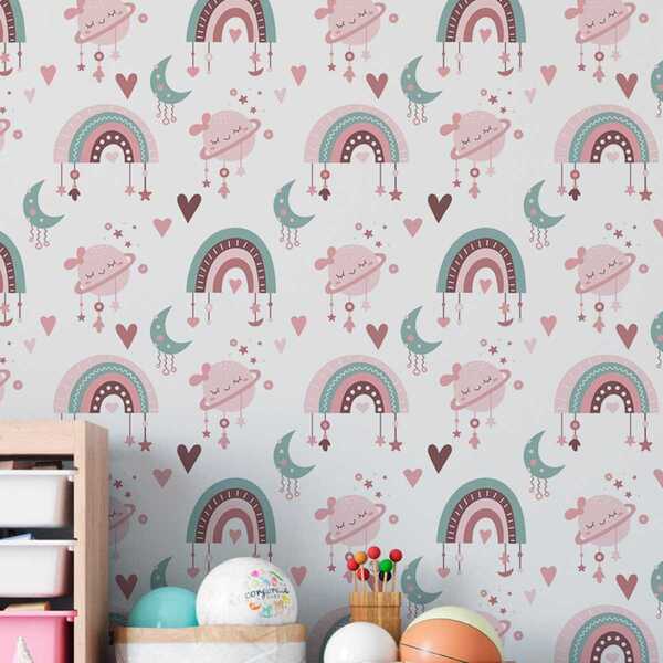 Papel De Parede Auto Colante Aquarela Infantil Coracao Rosa D