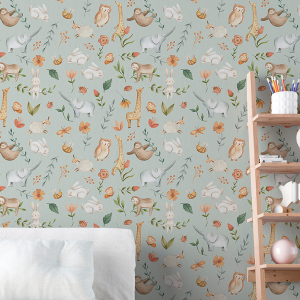 Papel De Parede Auto Colante Aquarela Verde Animais Safari De