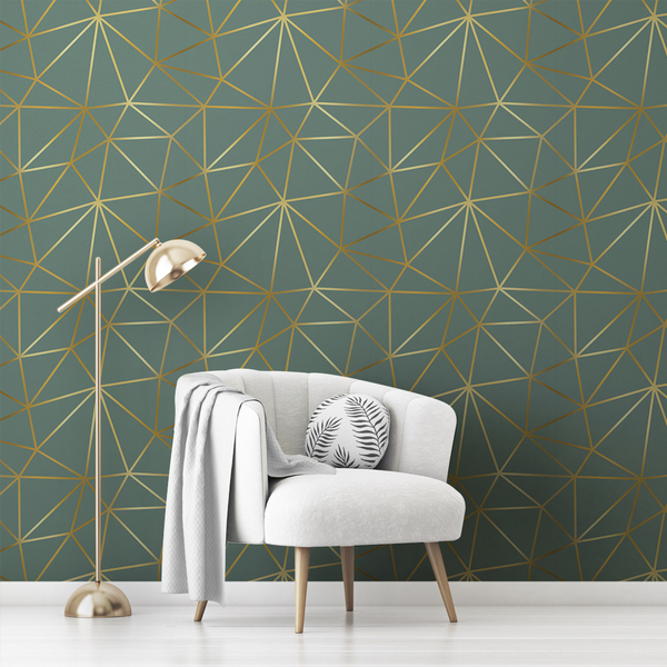 Papel De Parede Auto Colante Esmeralda Linhas Gold 12m