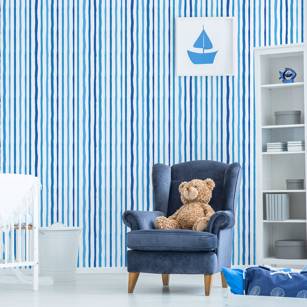 Papel De Parede Azul Listras Aquarela Para Sala 57x270cm