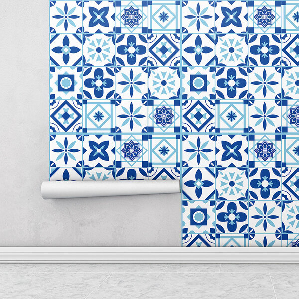 Papel De Parede Azulejos Desenhos Grego Azul Para Cozinha