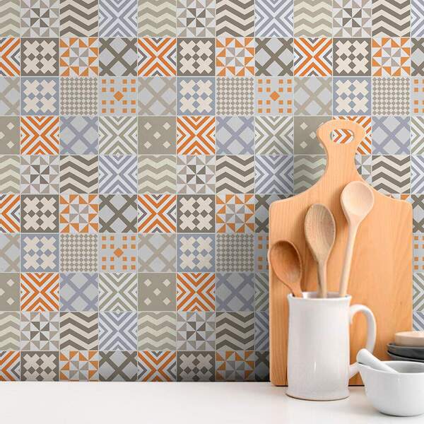 Papel De Parede Azulejos Tons De Cinza E Laranja-60x300cm