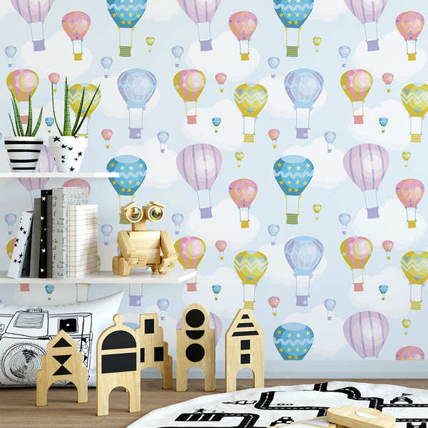 Papel De Parede Balões Fundo Azul E Detalhes Coloridos 10,0m