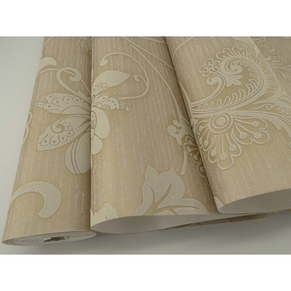 Papel De Parede - Bege Com Detalhes Em Creme - Rolo Com 10m X